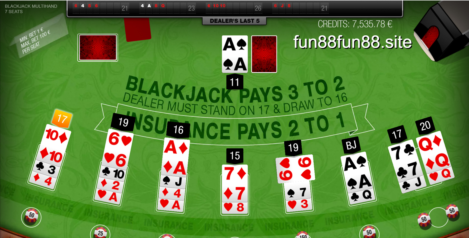 Multihand Blackjack với 2 tay bài